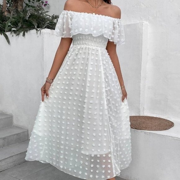 White Boho Womens Swiss Dot Off Shoulder Ruffle Trim Split Thigh Dress - Picture 3 of 5